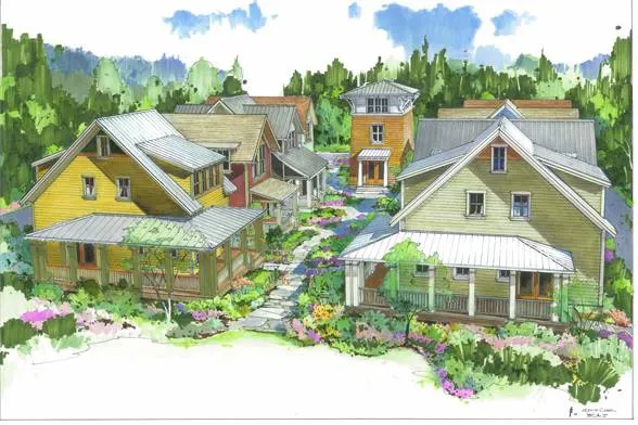 A cluster of colorful cottages with metal roofs and porches surrounds a landscaped courtyard with flowers and greenery. A stone pathway connects the homes, set against a backdrop of tall trees, creating a cozy, community feel.