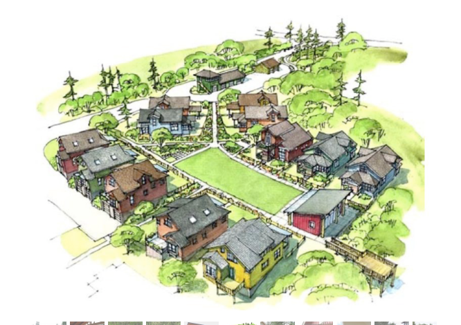 This image shows an aerial view of a small community or neighborhood composed of several colorful cottages arranged in a circular layout around a central green space. The area is surrounded by trees, and pathways connect the homes and common areas, suggesting a communal or co-housing setup.