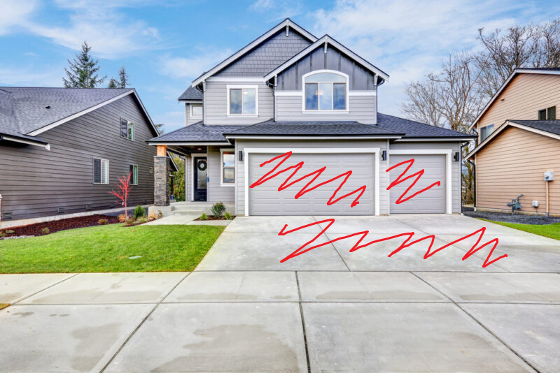 An image of a typical American suburban Single Family home but the garage and driveway have been crossed out with red